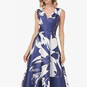Kay Unger Floral Print Mikado Pleated Sleeveless Midi Dress in Navy/Whites Sz10